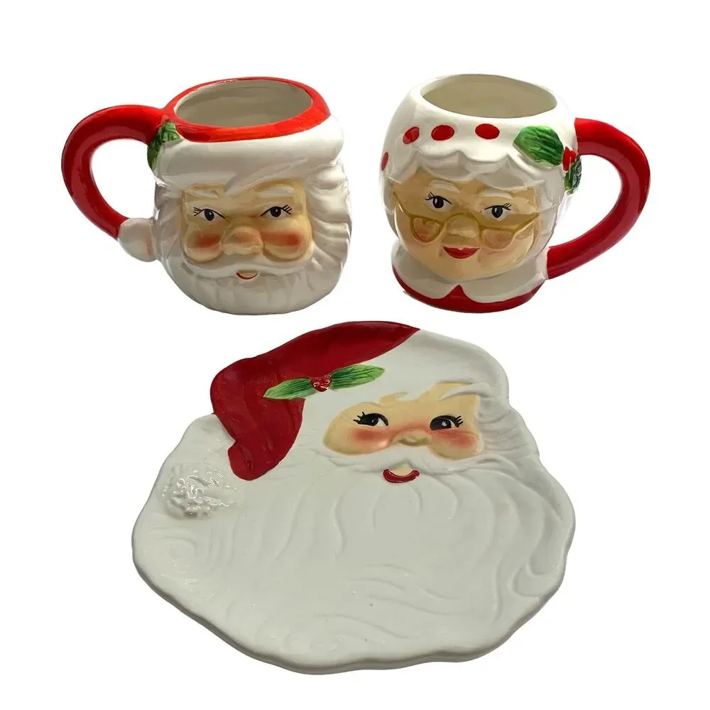 3D Mr. Christmas Santa & Mrs. Claus Mugs with Santa Face Dish 3-Piece Set